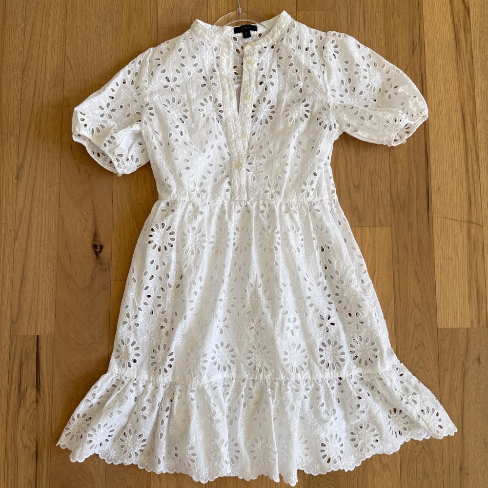 J.Crew Eyelet Dress Women 6 White Short Puff Sleeve Ruffle Hem AW799